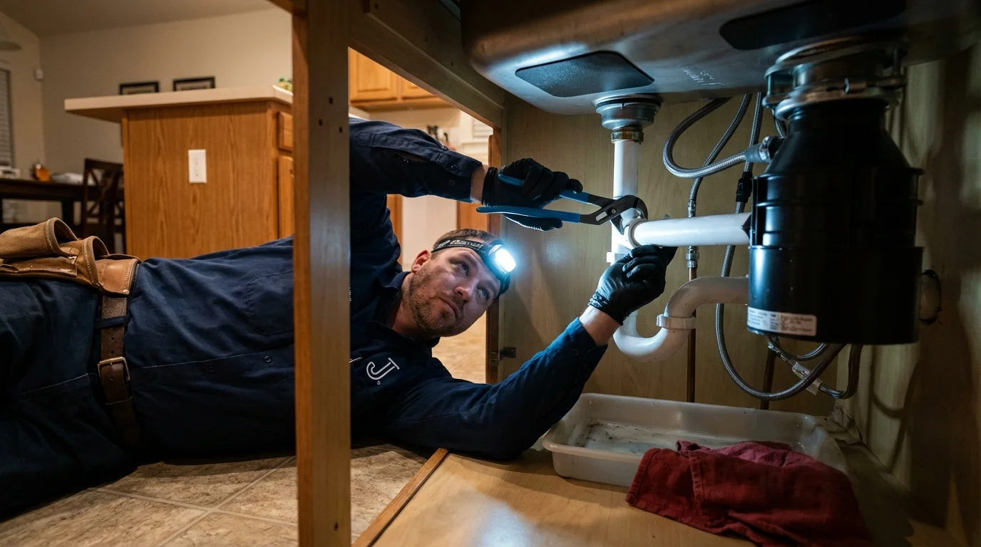 P-trap and supply line connections under a kitchen sink showing a common leak point in Willcox, AZ